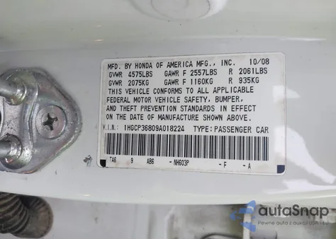 2009 Honda Accord 3.5 Ex-L из США, поврежденный, VIN 1HGCP36809A018224